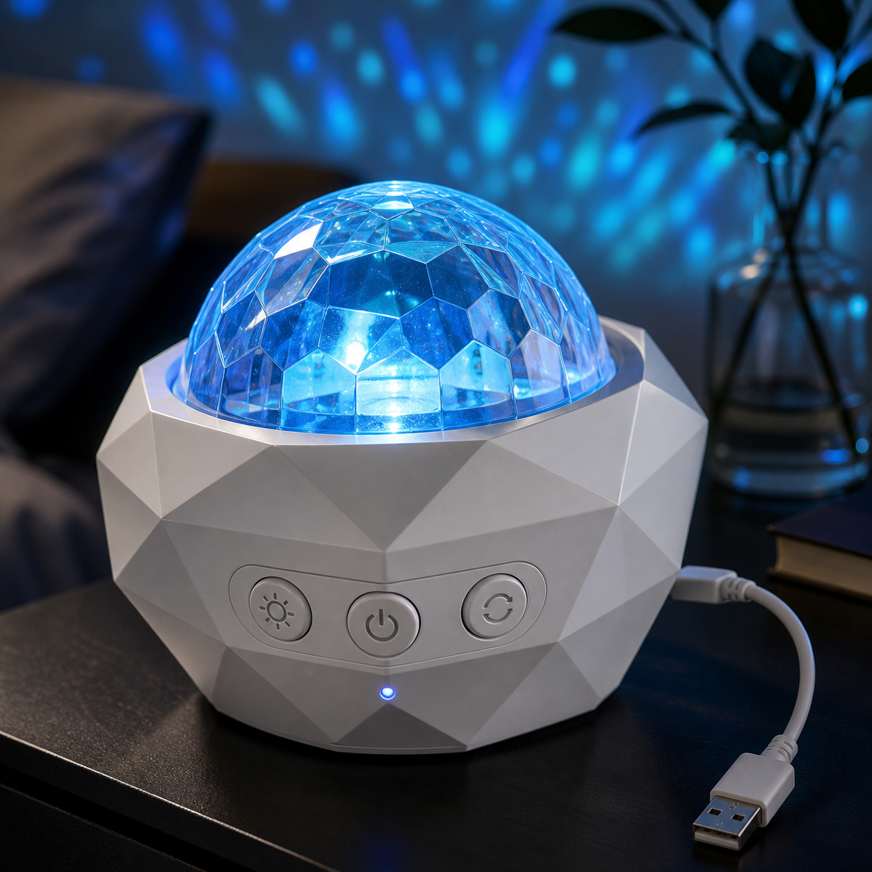 LED projektoriaus lempos detalė su mygtukais